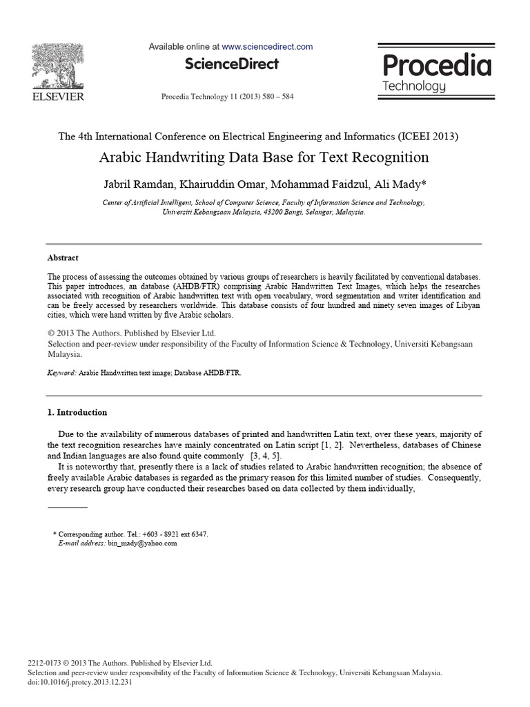 Arabic handwriting data base for text recognition pdf optical