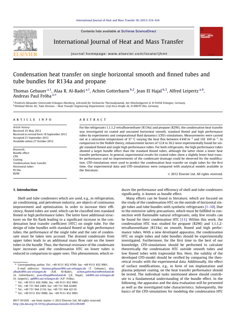 Condensation Heat Transfer On Single Horizontal Smooth and Finned Tubes ...