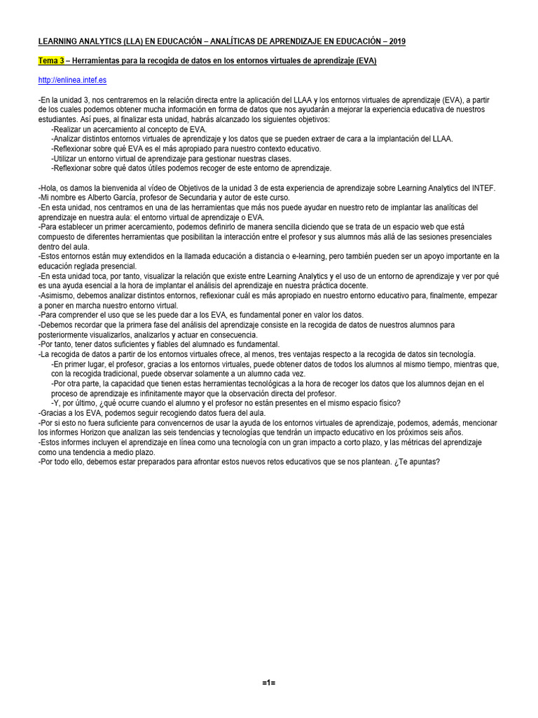 Analiticas de Aprendizaje en Educacion 2019 | PDF