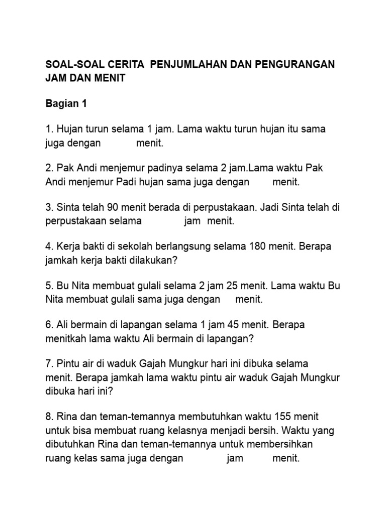 Soal soal cerita penjumlahan dan pengurangan jam dan menit pdf