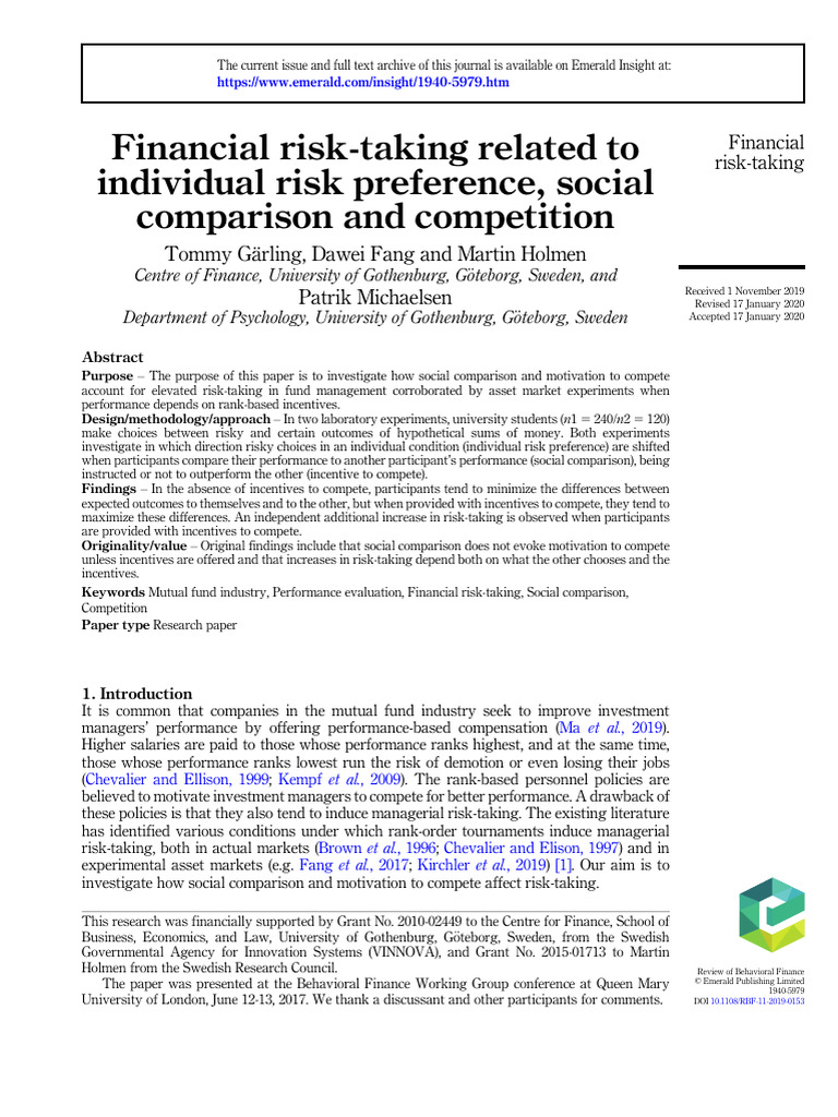 Social Comparison and Financial Risk-Taking | PDF | Risk | Experiment