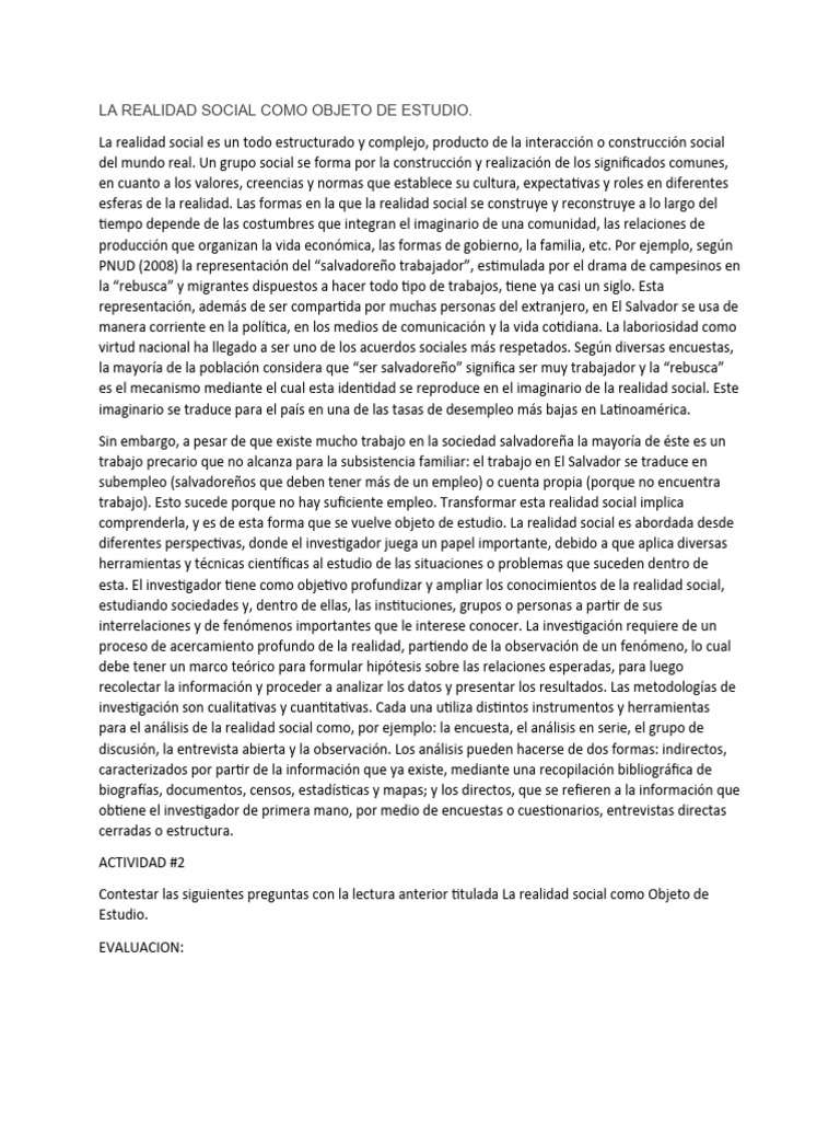 La Realidad Social Como Objeto de Estudio | PDF