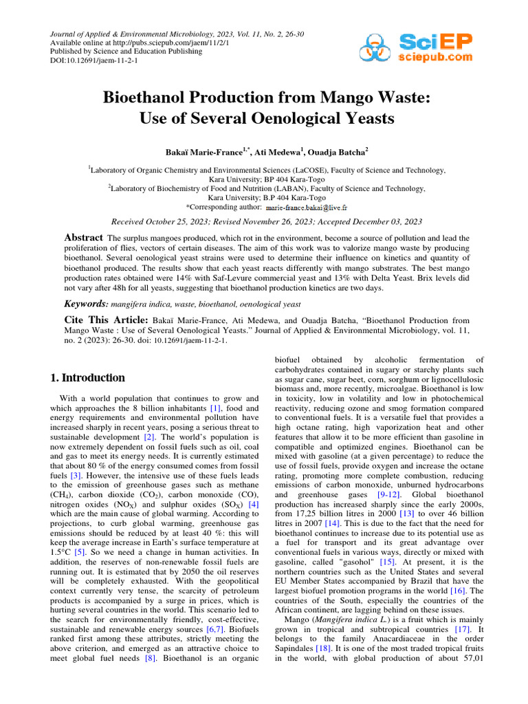 Bioethanol from Mango Waste Using Yeasts | PDF | Greenhouse Gas | Gasoline