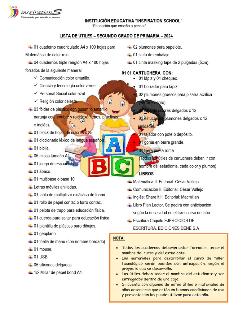 Lista de Ùtiles 2do de Primaria 2024 | PDF