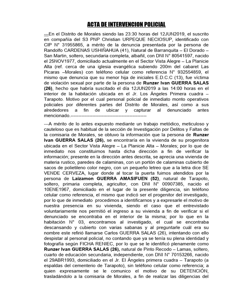 Acta de Intervencion Por Violacion Sexual | PDF | Justicia | Crimen y ...