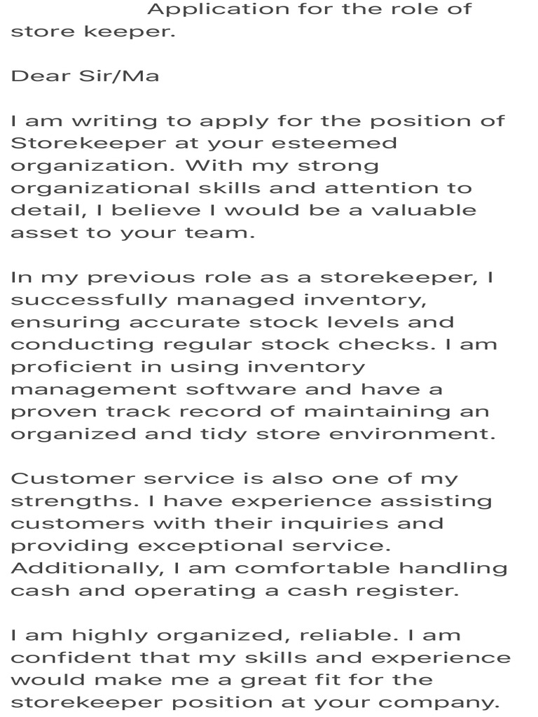 Storekeeper Job Application Letter | PDF | Career & Growth | Business