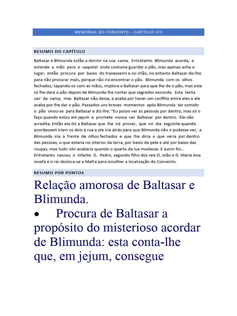 Resumo do Capítulo VIII de Memorial do Convento | PDF