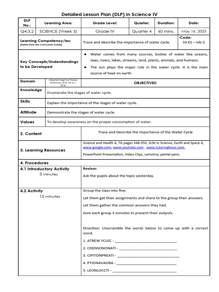 Water Cycle Lesson Plan for Grade 4 | PDF | Water | Water Cycle