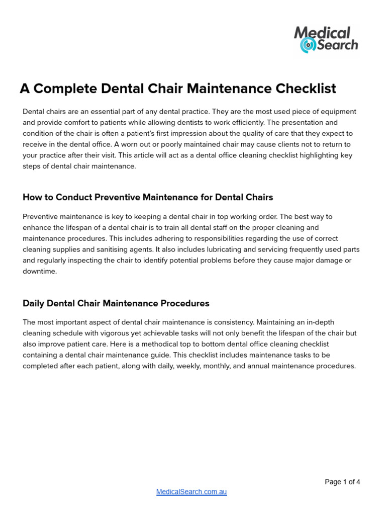 A Complete Dental Chair Maintenance Checklist - MedicalSearch | PDF