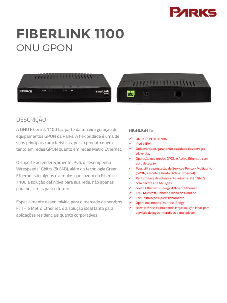 ONU Fiberlink 1100: Solução GPON | PDF | Ethernet | Rede de computadores