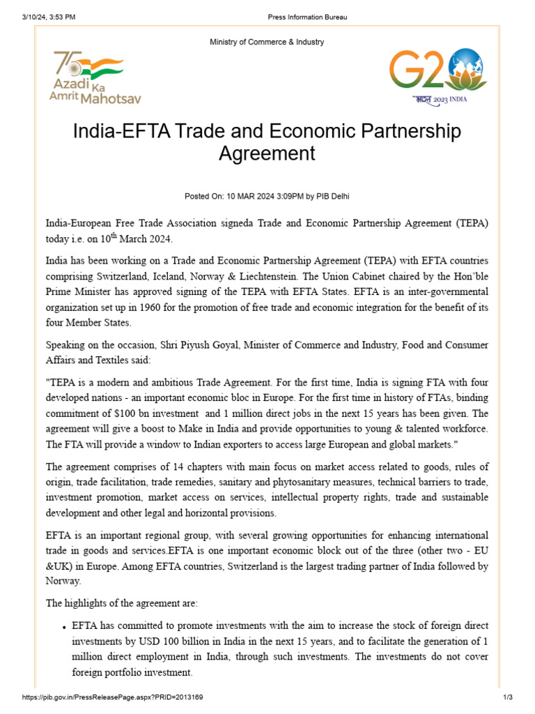 efta free trade agreement with india