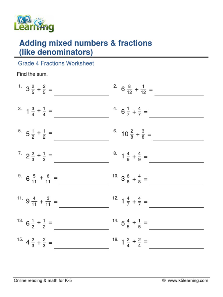 Grade 4 Adding Mixed Numbers Fractions Like Denominators C | PDF ...