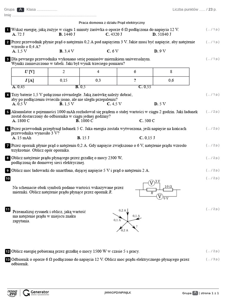 Test Prad Elektryczny Klasa 8 Praca Domowa Z Działu Prąd Elektryczny Test (Z Widoczną Punktacją) | PDF