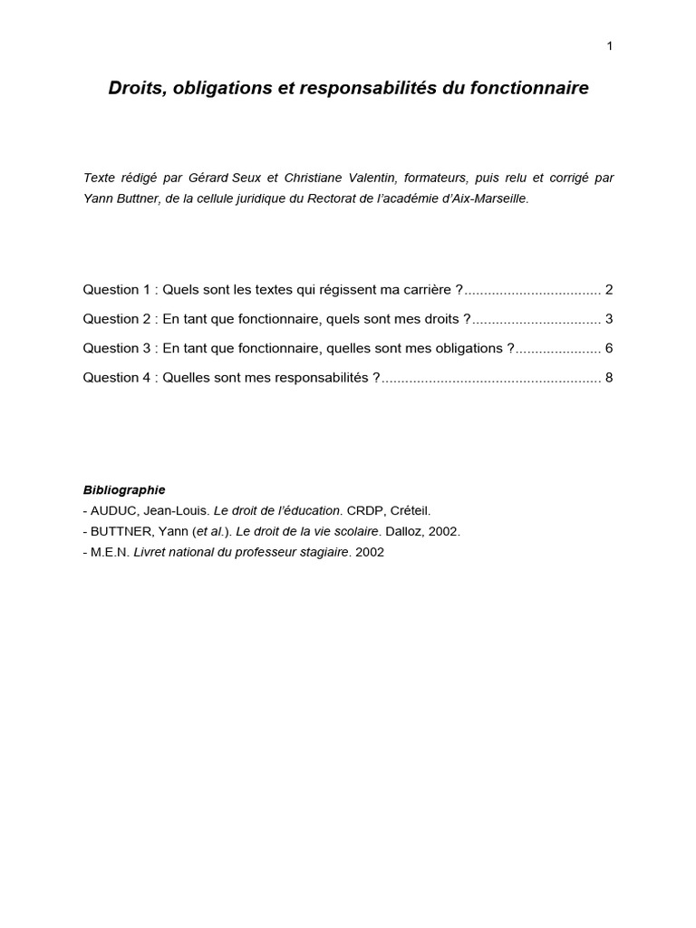Droits, Obligations Et Responsabilités Du Fonctionnaire | PDF