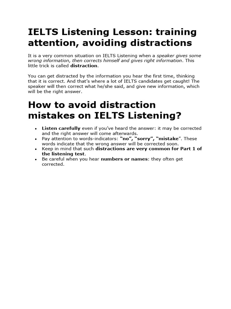 IELTS Listening Lesson training attention, avoiding distractions | PDF