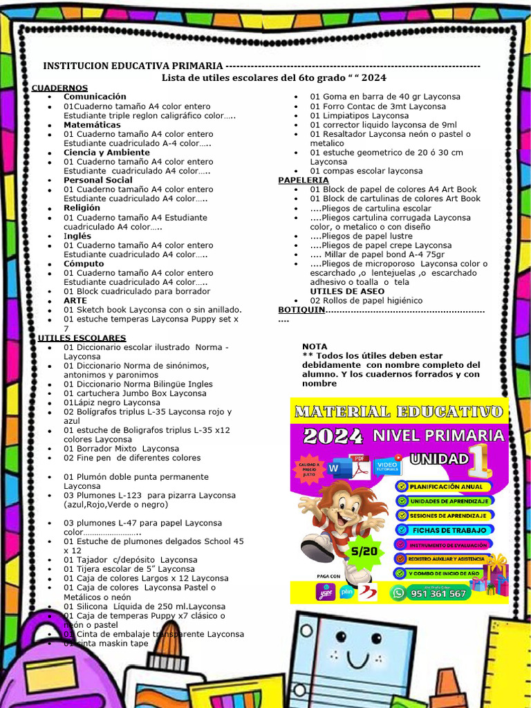 Lista de útiles escolares 6to grado 2024 | PDF | Hogar, jardinería y ...