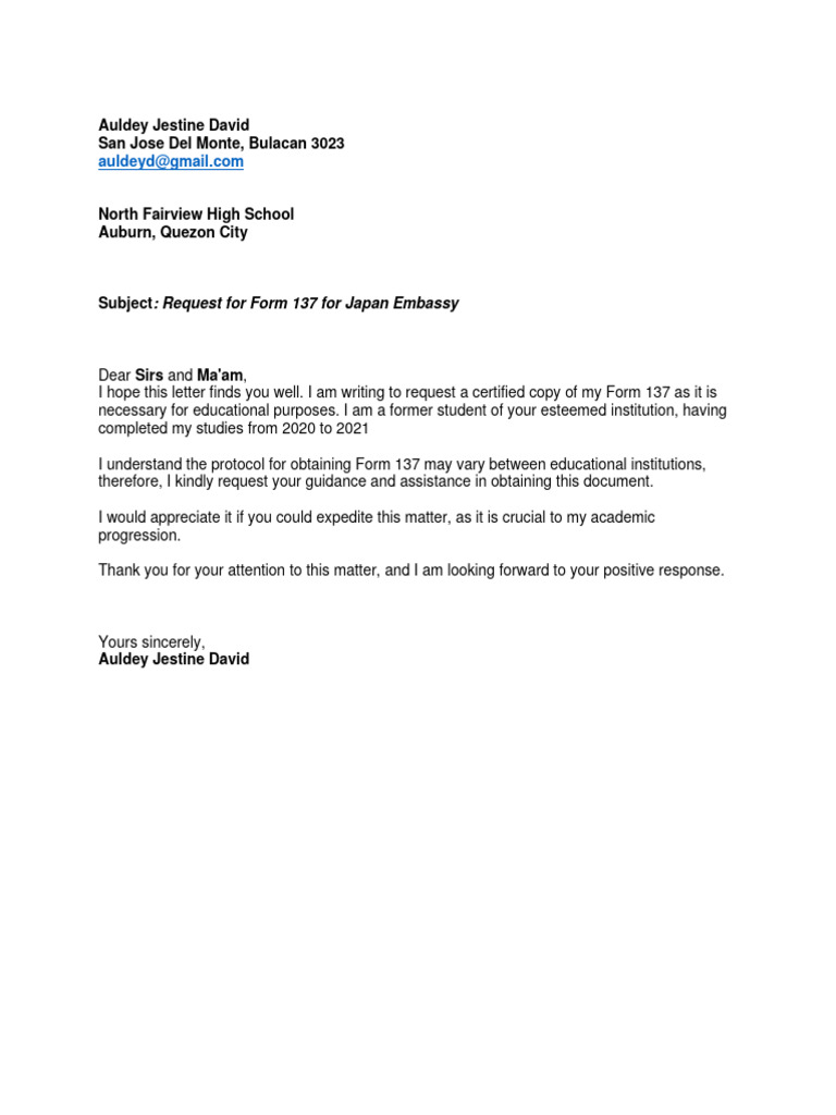 Request Letter Form 137 | PDF