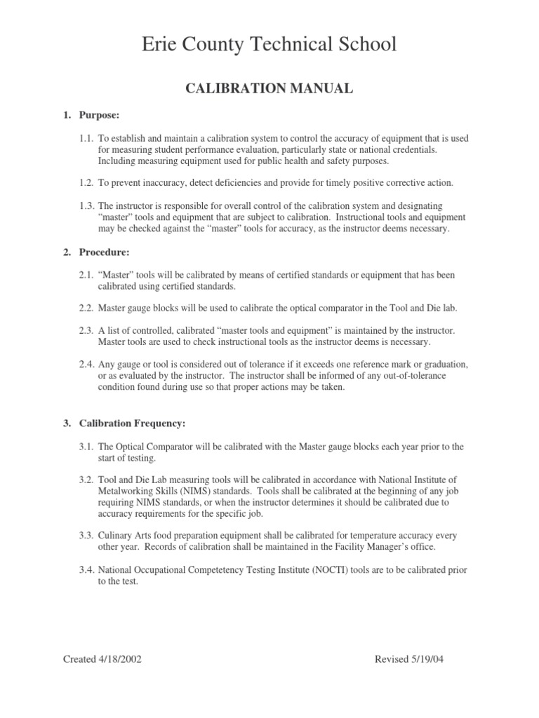 Erie County Technical School: Calibration Manual | PDF