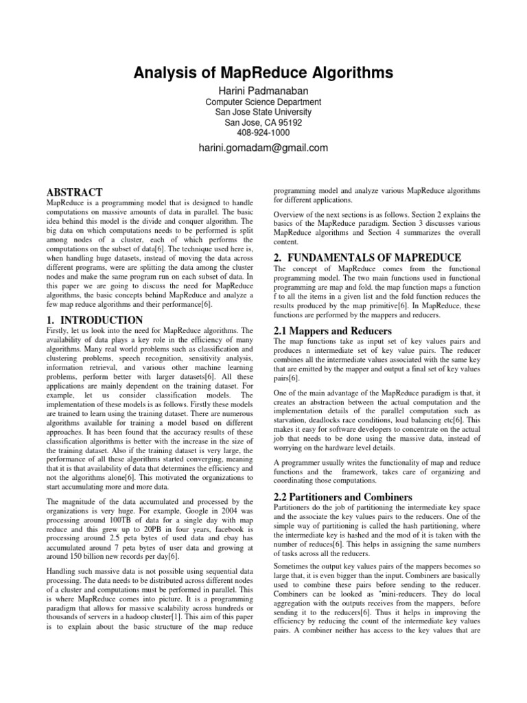 Analysis of Mapreduce Algorithms: Harini Padmanaban | PDF