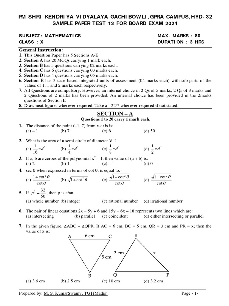 Maths Class X Sample Paper Test 13 For Board Exam 2024 | PDF | Numbers ...