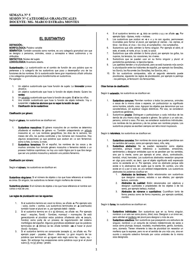 Teoría Categorias Gramaticales - Semana 5 | PDF | Sustantivo | Adjetivo