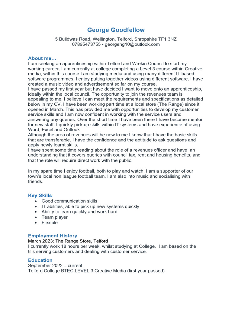 Telford Apprentice Application: George Goodfellow | PDF | Human ...