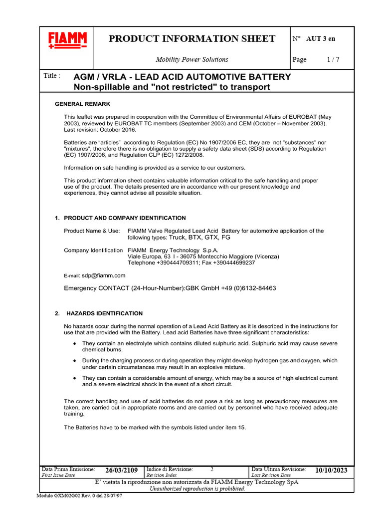 Product Information Sheet AGM VRLA Lead Acid Automotive Battery Non