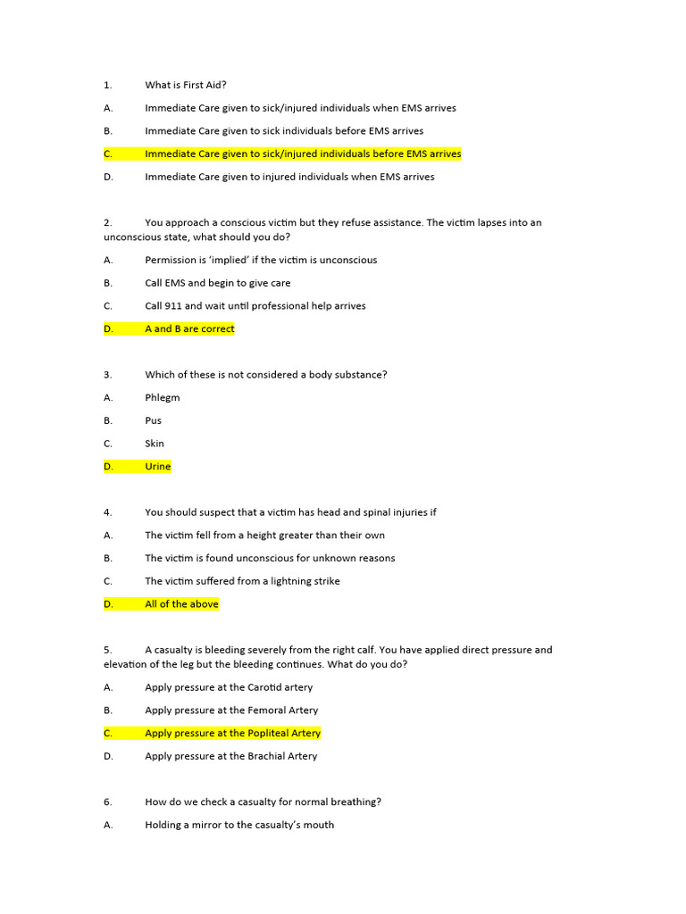 First Aid Quiz (1) PDF Stroke Cardiopulmonary Resuscitation