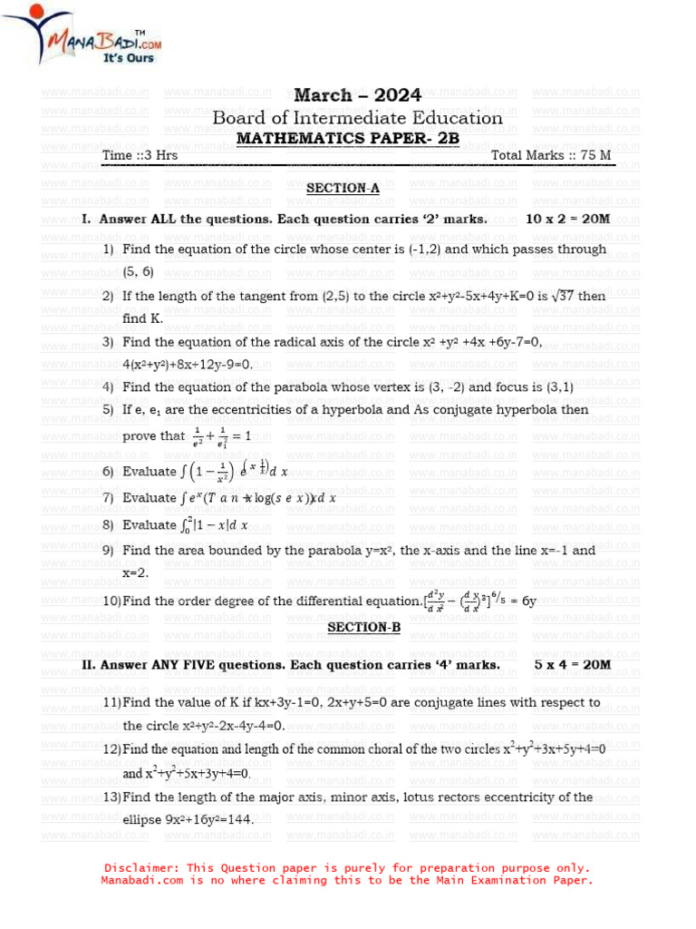 Inter 2nd year maths iib english medium 2024 guess paper 1 pdf