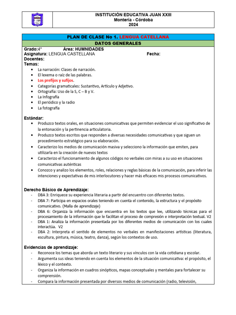 Formato Plan de Clase, 2024.LENGUA TEMA 3 | PDF | Crecimiento personal ...
