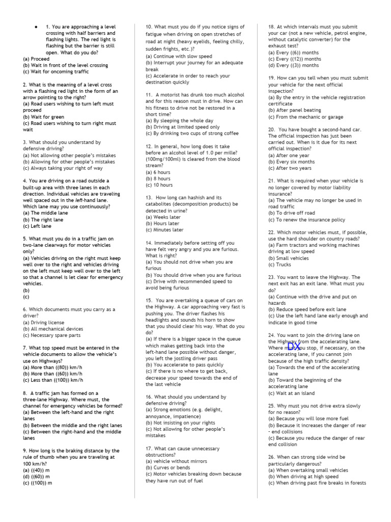Theory questions test 1 1 pdf traffic driving