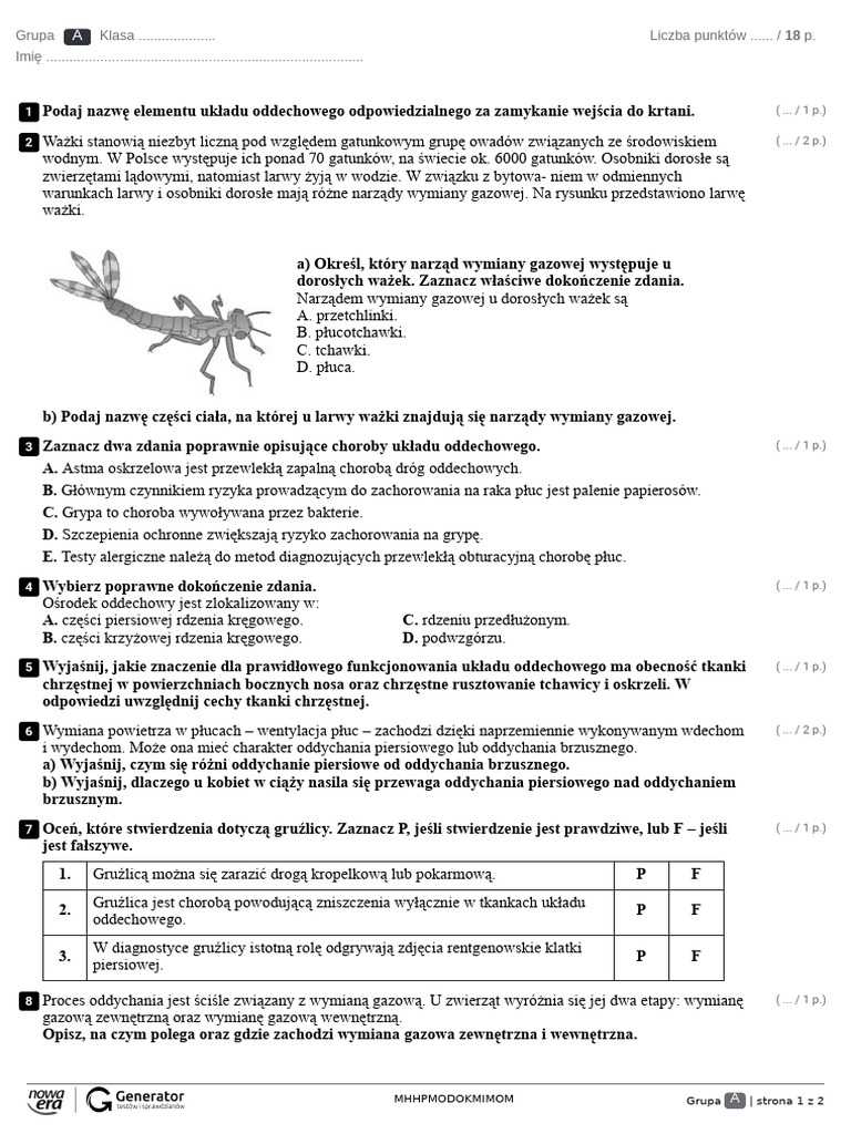 Układ Oddechowy Test Klasa 7 Test - R5. Układ Oddechowy - w1 Test (Z Widoczną Punktacją) | PDF