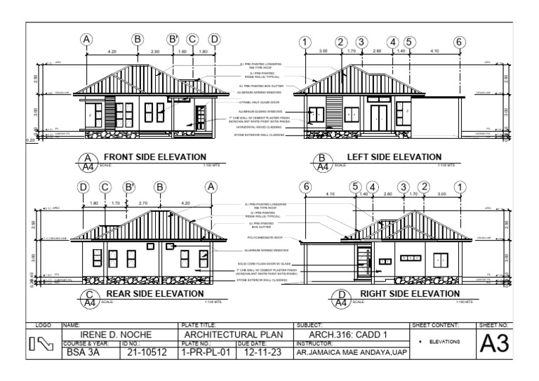1 2 3 4 5 6 A B B' C D: Front Side Elevation Left Side Elevation | PDF ...
