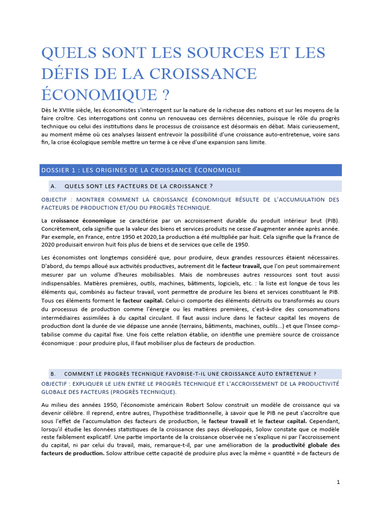 Sources et défis de la croissance économique | PDF | Croissance ...