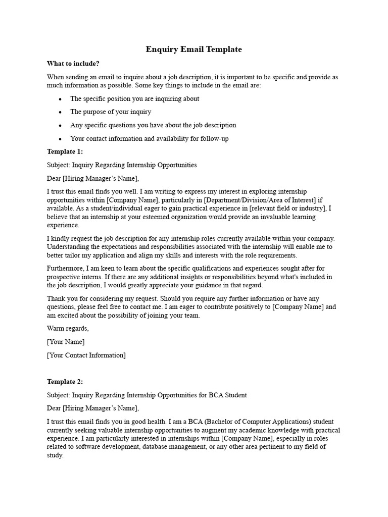Enquiry Email Template PDF Internship Job Hunting