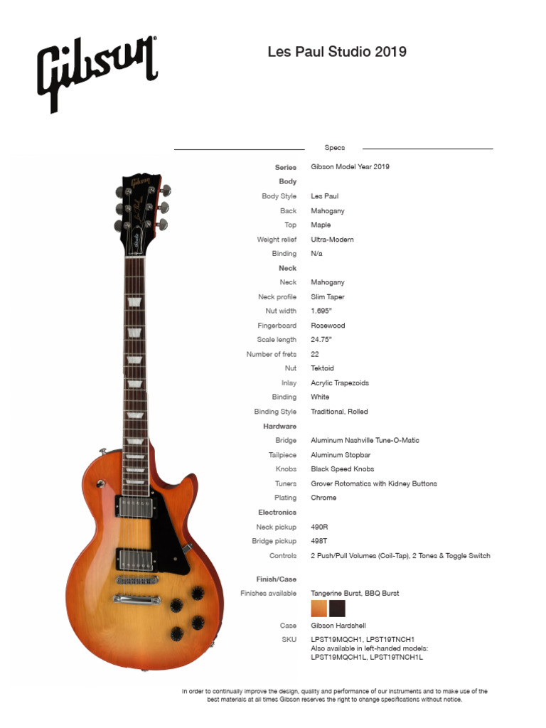 Gibson Les Paul Studio 2019 Specs | PDF | Guitar Family