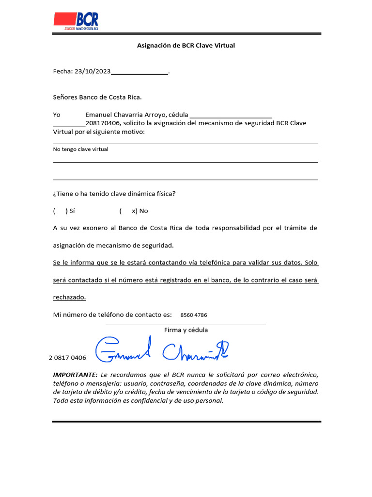Solicitud de Clave Virtual BCR | PDF