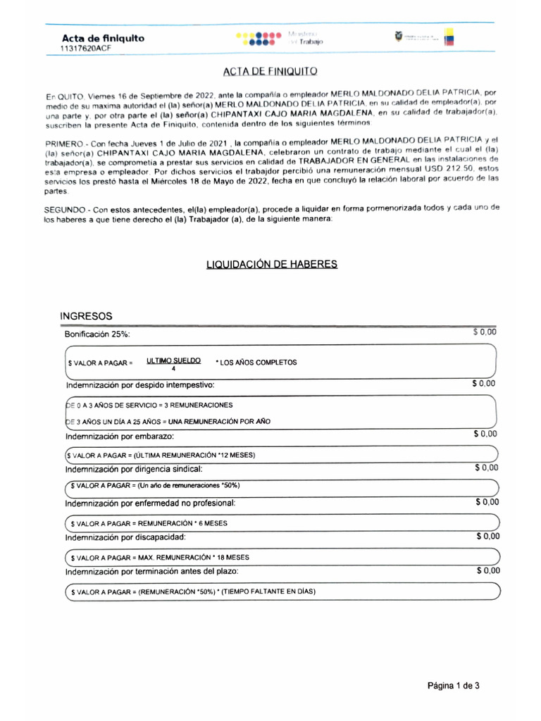 Acta de Finiquito Laboral en Quito | PDF | Salario | Economias