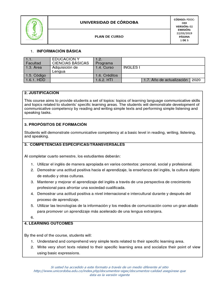 INGLES I - Plan de Curso | PDF | Evaluación | Metodología