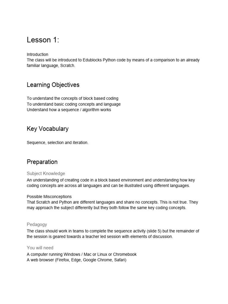 Lesson 1 - Lesson Plan Python | PDF