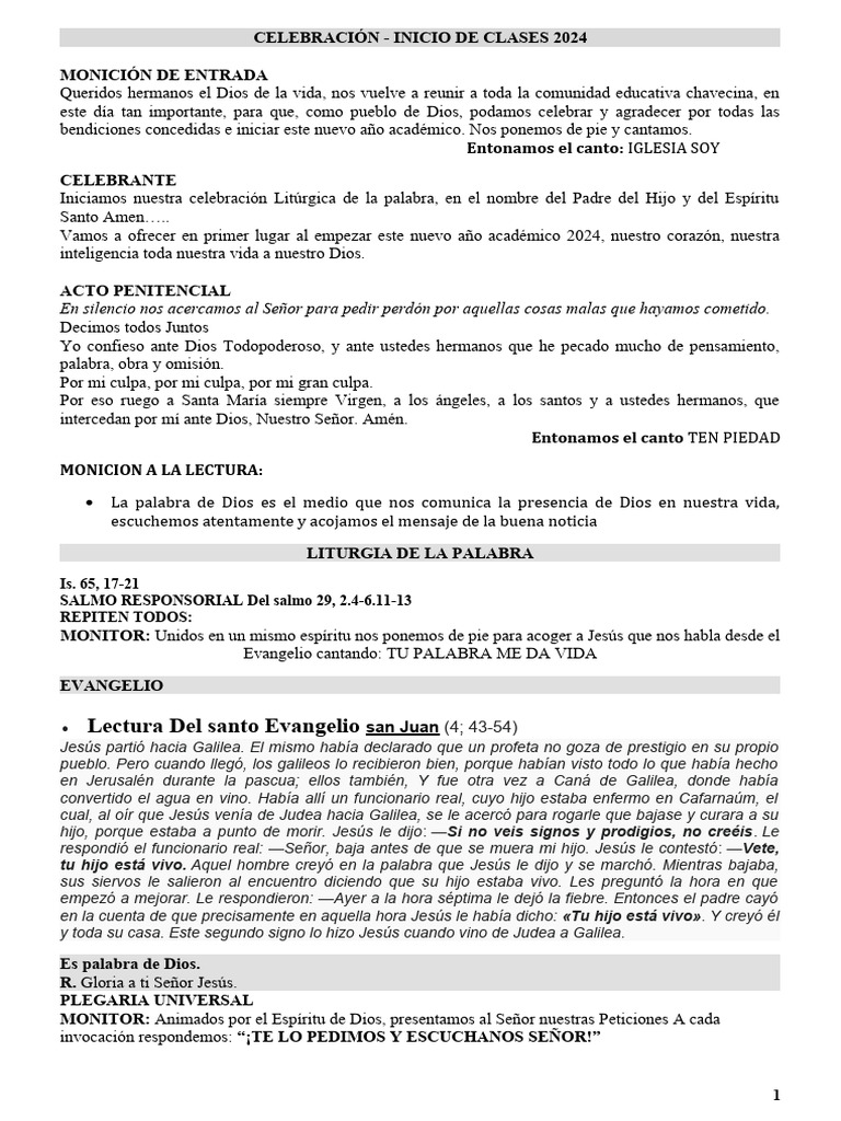 Celebración Inicio Clases 2024 | PDF | Misa (liturgia) | Jesús