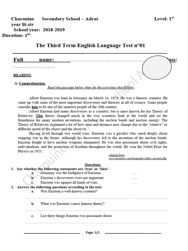 3rd Term 1st year Test n01 | PDF | Albert Einstein | Theory