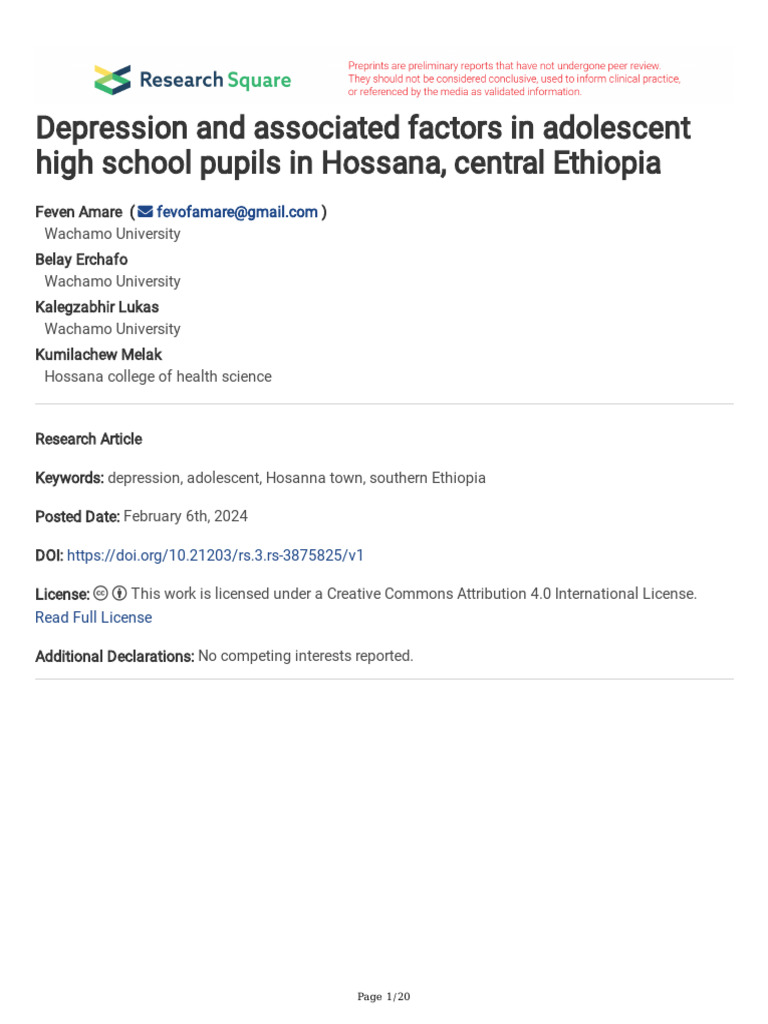 Depression in Ethiopian Adolescents | PDF | Major Depressive Disorder ...