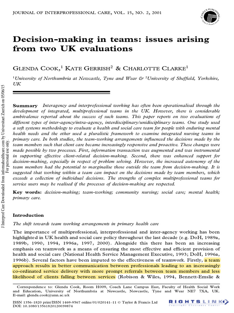 Decision-Making in Teams | PDF | Decision Making | Evaluation