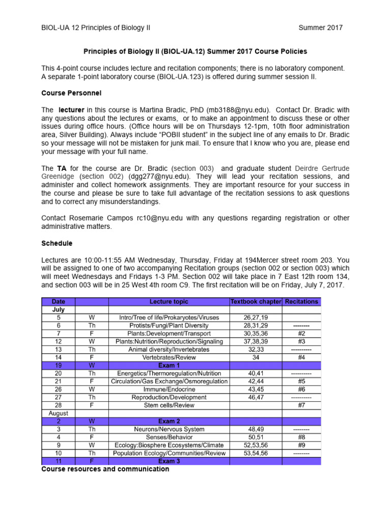 Principles of BIology II Syllabus | PDF | Academic Dishonesty