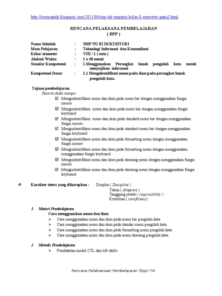 Rpp Smp Tik Kelas 8 Sem 1