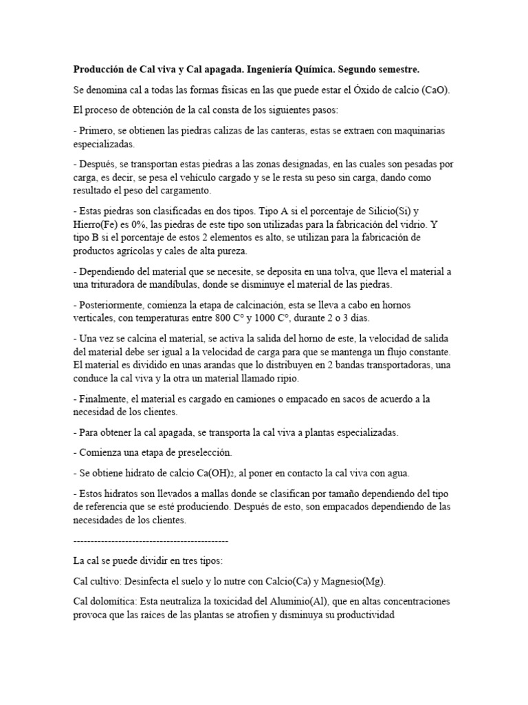 Producción de Cal Viva y Cal Apagada | PDF