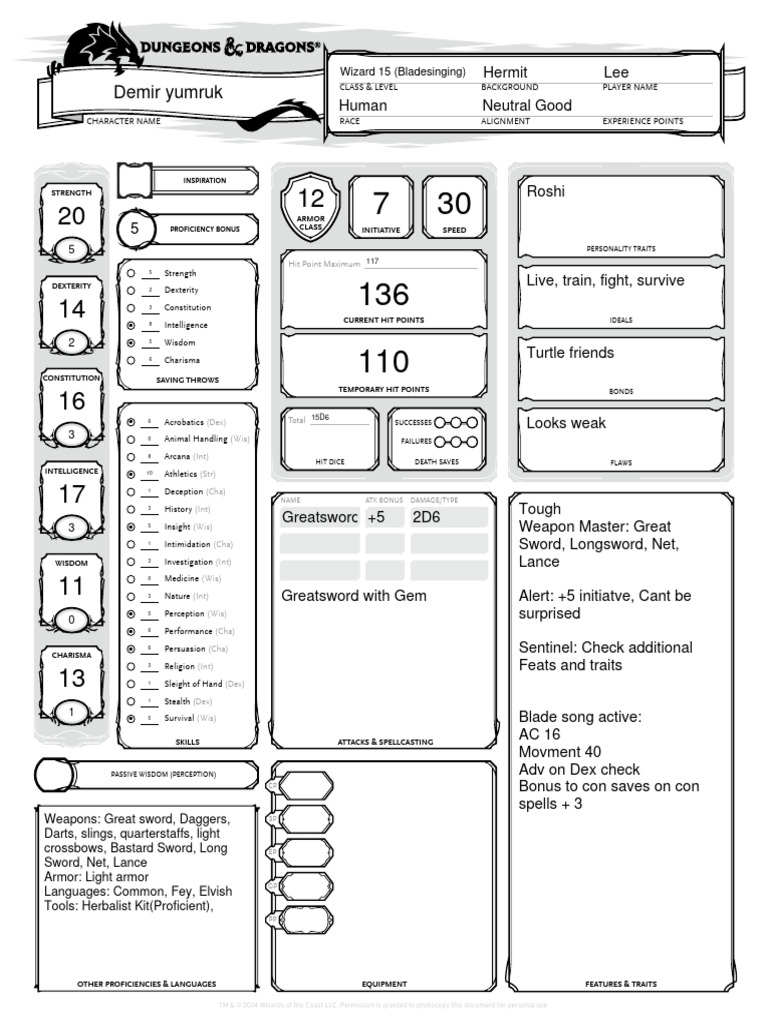Buff Bladesinger Wizard Character Sheet | PDF