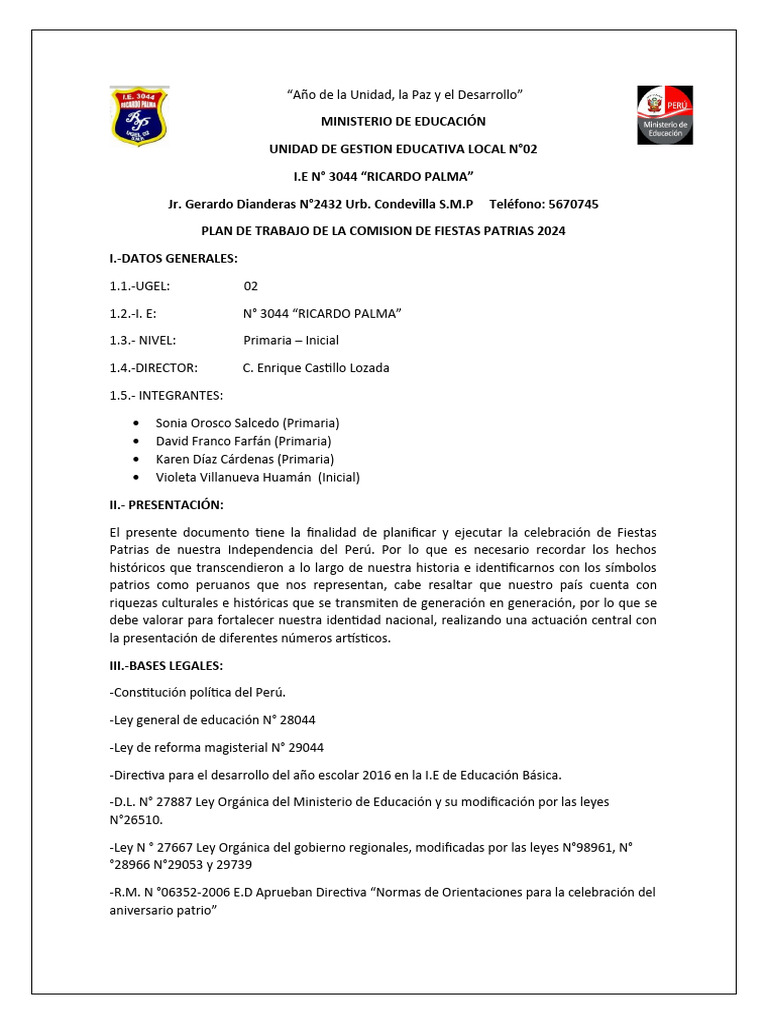 Plan de Fiestas Patrias 2024 Descargar gratis PDF Perú