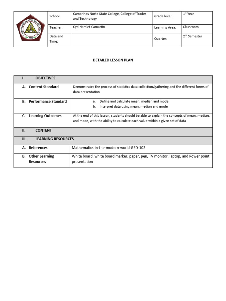 Lesson Plan in Statistics | PDF | Mean | Median